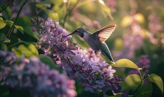 A lilac flower being visited by a hummingbird photo