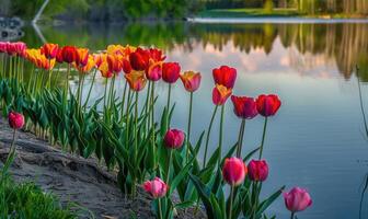 A row of vibrant tulips blooming along the edge of a spring lake photo