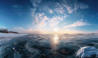 A panoramic view of the frozen lake and bright blue sky, winter nature background photo