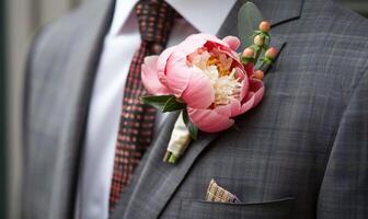 A peony boutonniere pinned to a groom's suit jacket photo