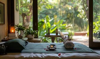 A tranquil spa retreat offering aloe vera infused facials and body treatments amidst lush greenery and natural surroundings photo