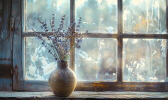 A vintage window sill with a ceramic vase containing lavender flower photo