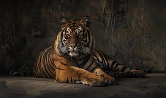 un sumatra Tigre descansando en un relajado actitud en contra un estudio fondo foto