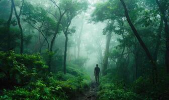 A person walking through a forest during a gentle rain photo