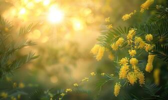 Closeup view of yellow mimosa flower branch with bokeh background photo