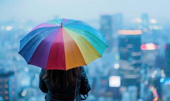 A person standing under a colorful umbrella photo