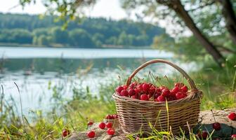 A serene lakeside picnic spot with a basket of ripe cherries photo