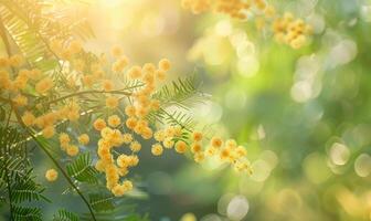 Closeup view of yellow mimosa flower branch with bokeh background photo