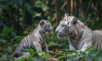 White tiger with cubs in the forest photo