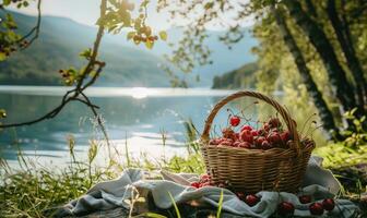 un sereno orilla del lago picnic Mancha con un cesta de maduro cerezas foto