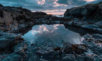 A peaceful tide pool reflecting the colors of the sky at twilight photo