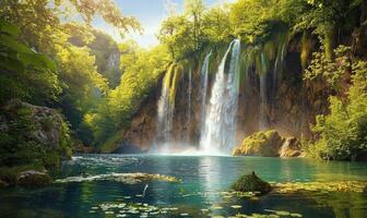 A picturesque waterfall cascading into a spring-fed lake photo