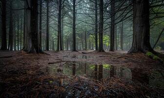 un sereno bosque escena con un alfombra de cedro agujas foto