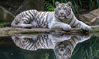 A white tiger lounging gracefully by a tranquil pond photo