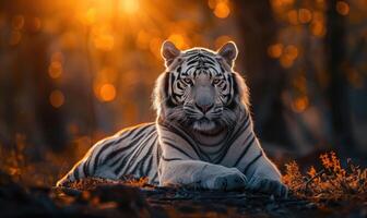 un blanco Tigre tomando el sol en el calentar resplandor de el ajuste Dom foto