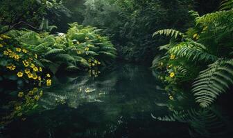 A tranquil pond surrounded by lush greenery photo