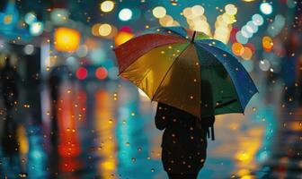 A person standing under a colorful umbrella photo