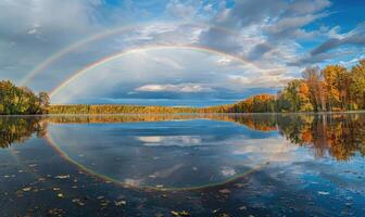 un vibrante arco iris extensión a través de el cielo después un paso lluvia ducha foto