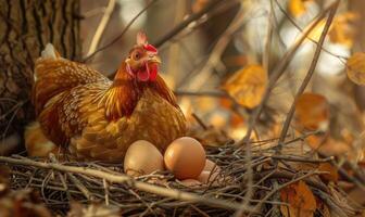 un gallina guardando su recién puesto huevos en un nido foto