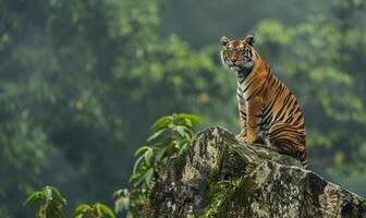 A Malayan tiger perched on a rocky ledge photo