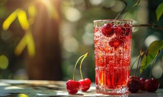 A refreshing glass of cherry lemonade garnished with ripe cherries photo