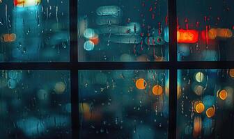 A rain-soaked windowpane with blurred city lights in the background photo