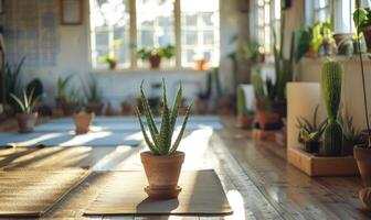 A serene yoga studio adorned with potted aloe vera plants photo