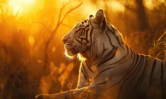 un blanco Tigre tomando el sol en el calentar resplandor de el ajuste Dom foto