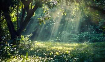 A peaceful woodland scene with sunlight filtering through the trees photo