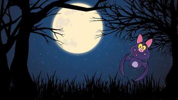 contento vampiro murciélago dibujos animados personaje volador en bosque en Víspera de Todos los Santos noche. 4k animación video