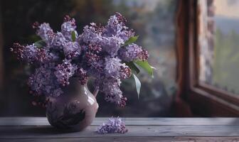 A lilac bouquet arranged in a vintage pitcher photo
