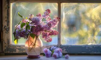 A vase of lilacs on a windowsill, fresh photo