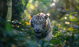 un blanco Tigre merodeando mediante el denso follaje de sus natural habitat foto