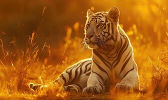 A white tiger basking in the warm glow of the setting sun photo