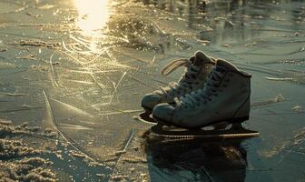 A pair of ice skates on the frozen surface of a lake photo