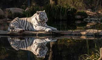 un blanco Tigre descansando graciosamente por un tranquilo estanque foto