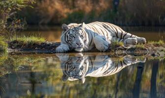 un blanco Tigre descansando graciosamente por un tranquilo estanque foto