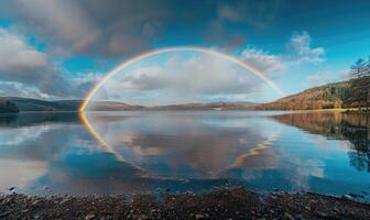 un vibrante arco iris extensión a través de el cielo después un paso lluvia ducha foto