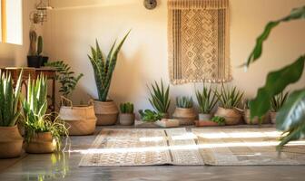 A serene yoga studio adorned with potted aloe vera plants photo