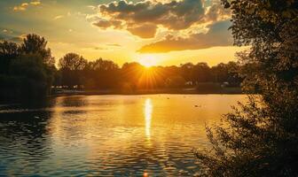 A summer sunset casting warm hues over the peaceful lake photo