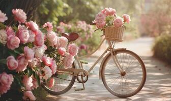 un Clásico bicicleta adornado con peonía flores en un cesta foto