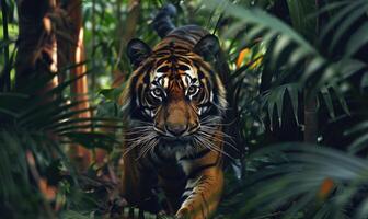 A Sumatran tiger in jungle foliage photo