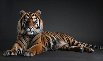 un sumatra Tigre descansando en un relajado actitud en contra un estudio fondo foto