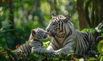 blanco Tigre con cachorros en el bosque foto