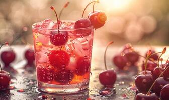 un refrescante vaso de Cereza limonada adornado con maduro cerezas foto