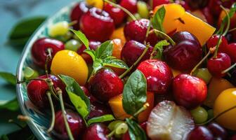 un vibrante Fruta ensalada con maduro cerezas foto