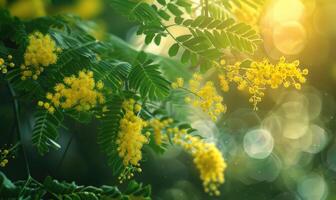 Closeup view of yellow mimosa flower branch with bokeh background photo