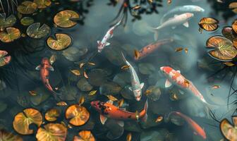 A koi pond with colorful fish swimming among water lilies and floating leaves photo