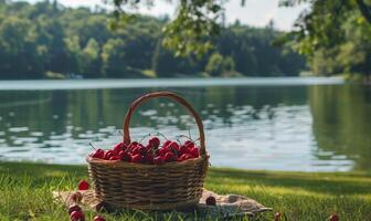 A serene lakeside picnic spot with a basket of ripe cherries photo