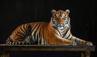 un amur Tigre planteado en un plataforma debajo estudio luces, negro antecedentes foto